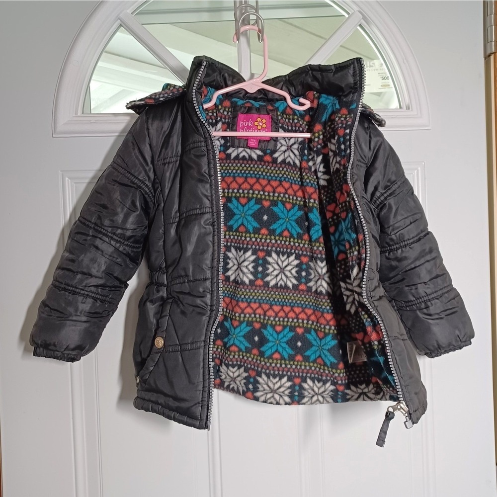 Pink Platinum Girls Black Hooded Puffer Jacket Fleece Lined Full Zip Pockets 6